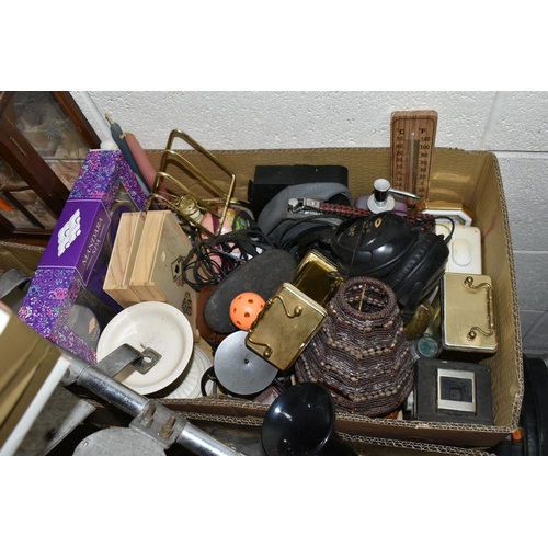 488 - THREE BOXES AND LOOSE MISCELLANEOUS SUNDRIES, to include a 1928 linen Ordnance Survey map of Bromsgr... 