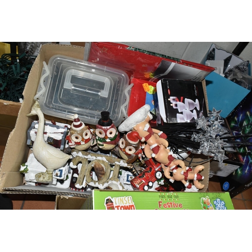 489 - FOUR BOXES AND LOOSE CHRISTMAS ORNAMENTS, comprising Christmas tree lights, baubles, ornaments, boxe... 