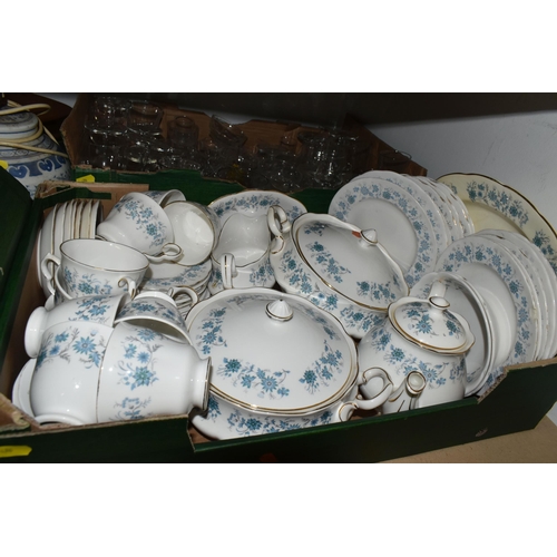 496 - FOUR BOXES AND LOOSE MIXED CERAMICS AND GLASSWARE to include a fifty six piece Colclough 'Braganza' ... 