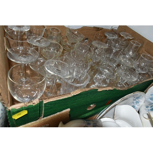 496 - FOUR BOXES AND LOOSE MIXED CERAMICS AND GLASSWARE to include a fifty six piece Colclough 'Braganza' ... 