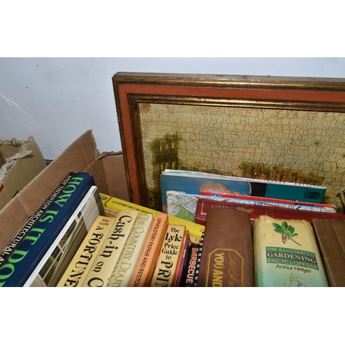 499 - SEVEN BOXES AND LOOSE MISCELLANEOUS ITEMS to include a large wooden picture frame in a distressed co... 