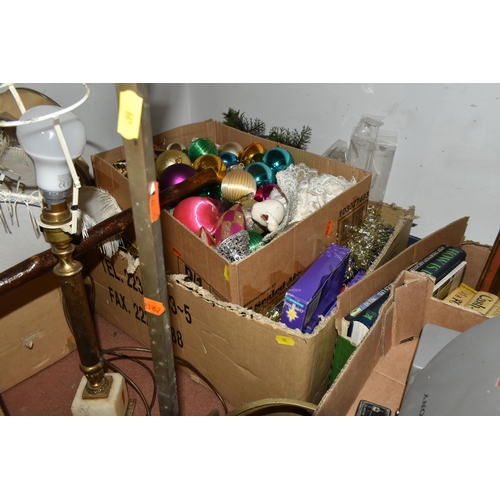 499 - SEVEN BOXES AND LOOSE MISCELLANEOUS ITEMS to include a large wooden picture frame in a distressed co... 