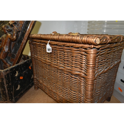 501 - A VARIETY OF WICKER BASKETS AND TREEN to include five wicker baskets and a small wicker storage hamp... 