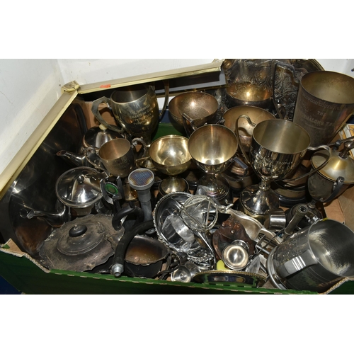 508 - THREE BOXES AND LOOSE MIXED METAL AND KITCHENWARE to include a large quantity of trophies and commem... 