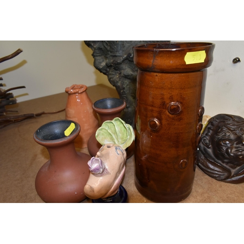 513 - A SELECTION OF POTTERY AND LARGE STATUE, to include Tooth & Co Bretby art pottery, Tregaron vase, pd... 