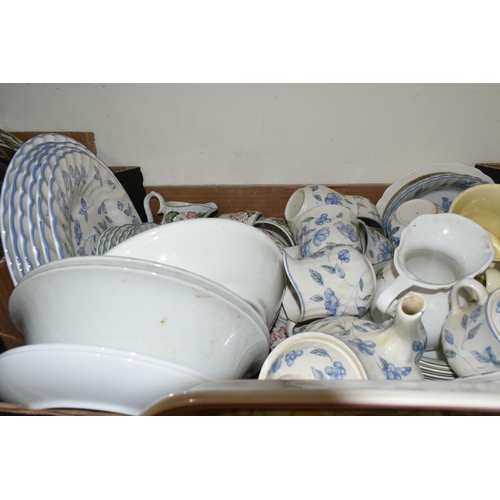 515 - FOUR BOXES AND LOOSE CERAMICS AND GLASSWARE, to include a two tier glass cake stand, Cornish kitchen... 