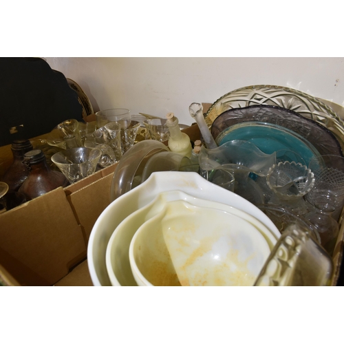 515 - FOUR BOXES AND LOOSE CERAMICS AND GLASSWARE, to include a two tier glass cake stand, Cornish kitchen... 