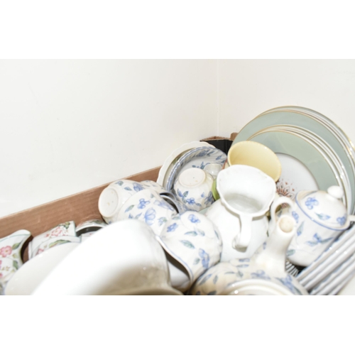 515 - FOUR BOXES AND LOOSE CERAMICS AND GLASSWARE, to include a two tier glass cake stand, Cornish kitchen... 