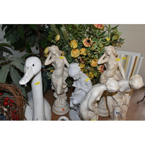 521 - A SELECTION OF FIGURINES, CERAMIC ORNAMENTS AND ARTIFICIAL PLANTS, there are four figurines of ladie... 