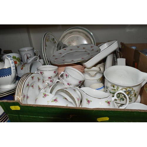 523 - FIVE BOXES OF CERAMIC HOMEWARE, including Wedgwood tea cups and small plates, vintage enamel tea pot... 