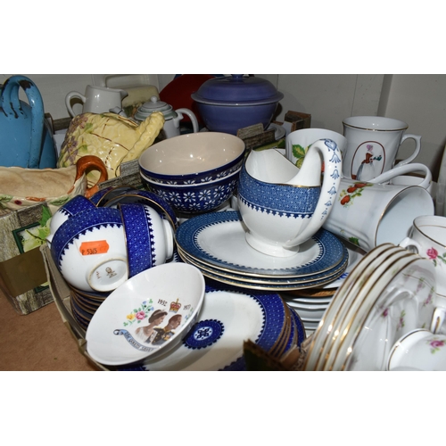 523 - FIVE BOXES OF CERAMIC HOMEWARE, including Wedgwood tea cups and small plates, vintage enamel tea pot... 