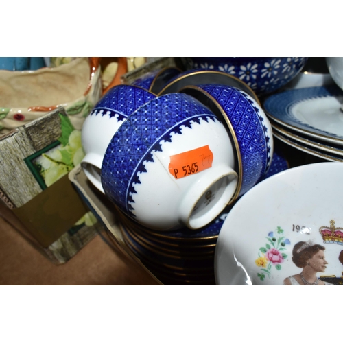 523 - FIVE BOXES OF CERAMIC HOMEWARE, including Wedgwood tea cups and small plates, vintage enamel tea pot... 