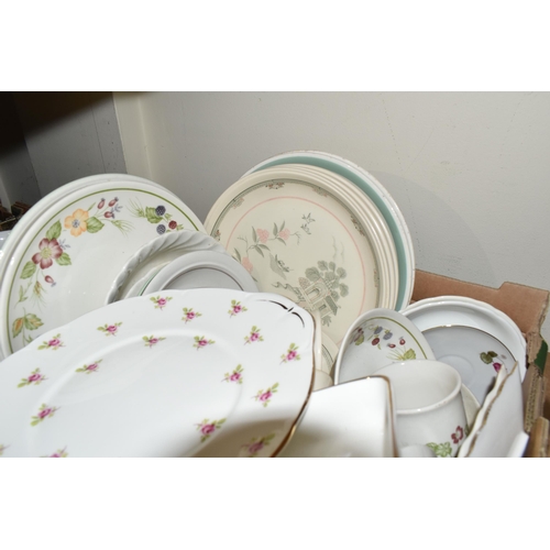 523 - FIVE BOXES OF CERAMIC HOMEWARE, including Wedgwood tea cups and small plates, vintage enamel tea pot... 