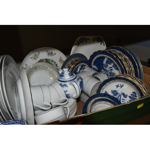 523 - FIVE BOXES OF CERAMIC HOMEWARE, including Wedgwood tea cups and small plates, vintage enamel tea pot... 