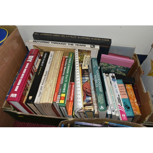 524 - SIX BOXES OF BOOKS, VHS, CDS, AND DVDS, the books include gardening, DIY, Jeffery Archer, Romance pa... 