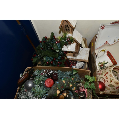 526 - EIGHT BOXES OF CHRISTMAS DECORATIONS AND A BOXED CHRISTMAS TREE, to include a floor standing snowman... 