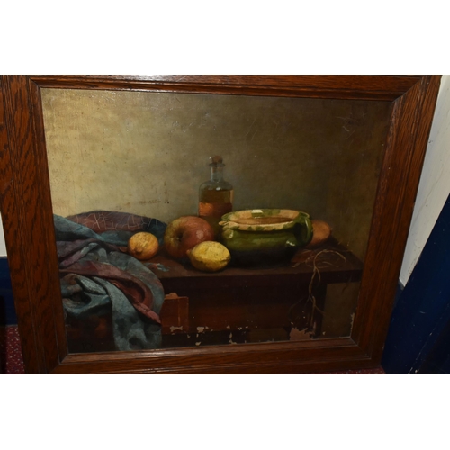 529 - FOUR LATE 19TH / EARLY 20TH CENTURY PICTURES, comprising a table top still life scene, initialled DL... 