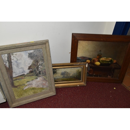 529 - FOUR LATE 19TH / EARLY 20TH CENTURY PICTURES, comprising a table top still life scene, initialled DL... 