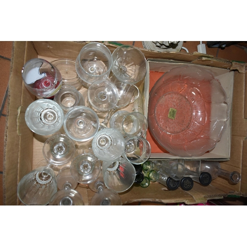 539 - SEVEN BOXES AND LOOSE OF GLASSWARE, STAINLESS STEEL, AND SILVER PLATE, to include, two Royal Doulton... 