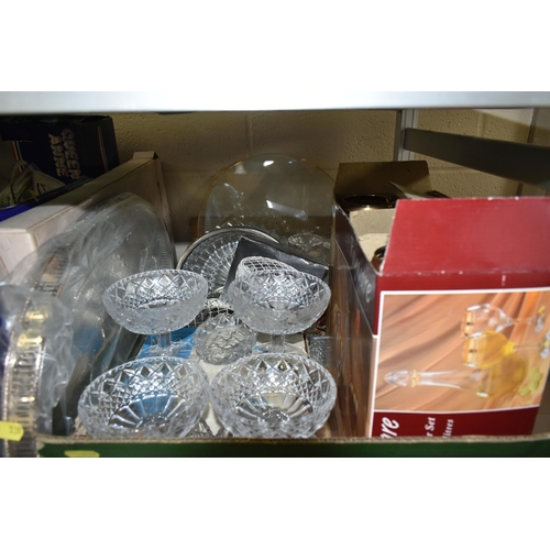 539 - SEVEN BOXES AND LOOSE OF GLASSWARE, STAINLESS STEEL, AND SILVER PLATE, to include, two Royal Doulton... 