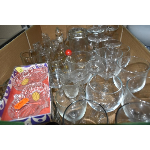 539 - SEVEN BOXES AND LOOSE OF GLASSWARE, STAINLESS STEEL, AND SILVER PLATE, to include, two Royal Doulton... 