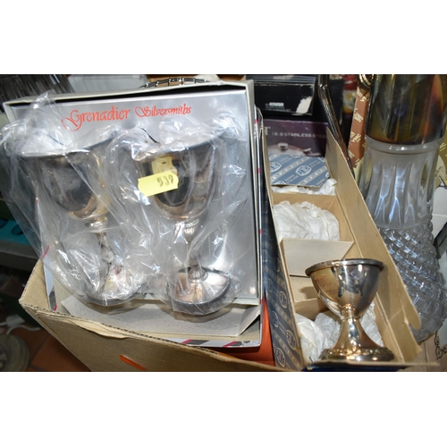 539 - SEVEN BOXES AND LOOSE OF GLASSWARE, STAINLESS STEEL, AND SILVER PLATE, to include, two Royal Doulton... 