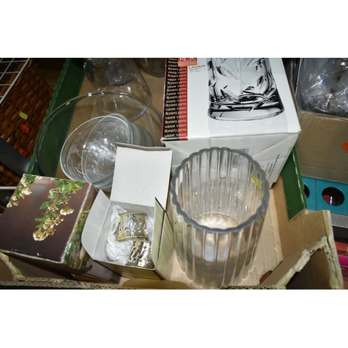 539 - SEVEN BOXES AND LOOSE OF GLASSWARE, STAINLESS STEEL, AND SILVER PLATE, to include, two Royal Doulton... 