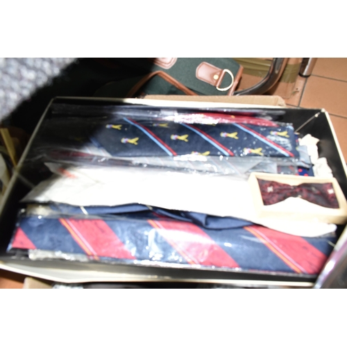 550 - TWO BOXES AND LOOSE CLOTHING AND ACCESSORIES, ladies' and men's items, to include a ladies' navy Bar... 