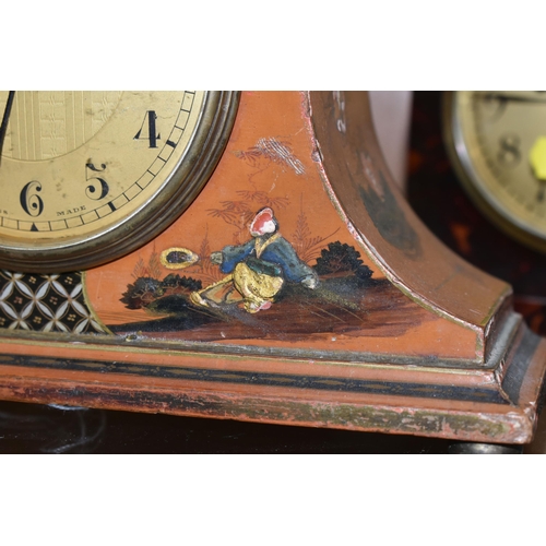 422 - A 1930's/40's ASPREY MANTEL CLOCK, Swiss made with gilt circular dial in a lacquered chinoiserie arc... 