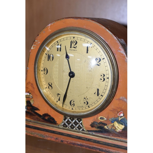 422 - A 1930's/40's ASPREY MANTEL CLOCK, Swiss made with gilt circular dial in a lacquered chinoiserie arc... 