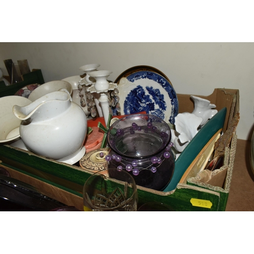 518 - THREE BOXES AND LOOSE CERAMICS AND GLASSWARE, including, three Jasperware Wedgwood trinket boxes wit... 