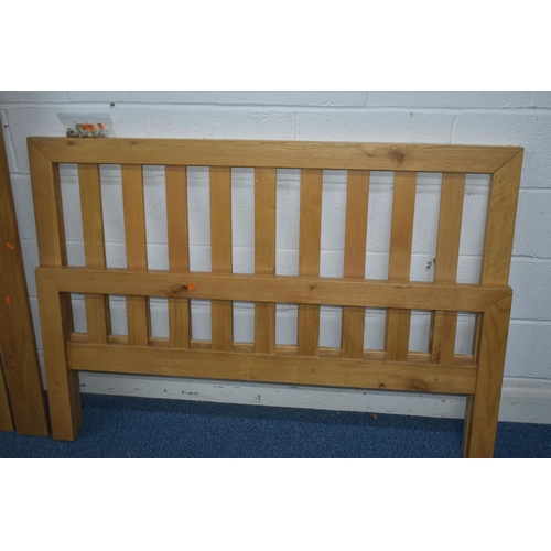 1350 - A LIGHT OAK 4FT6 BEDSTEAD, with side rails, slats, supports and bolts