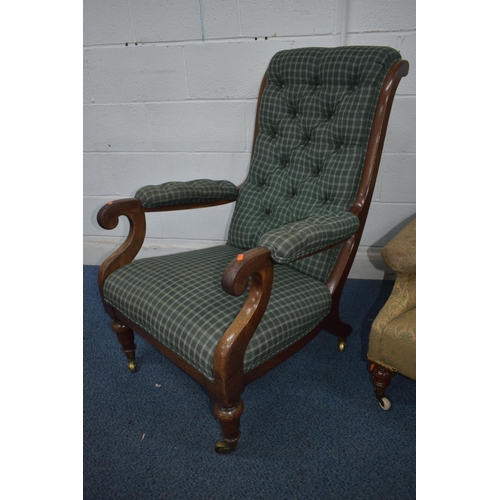 1351 - A LATE VICTORIAN ARMCHAIR, with deep armrests, on carved front legs, and ceramic casters, width 75cm... 