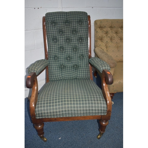 1351 - A LATE VICTORIAN ARMCHAIR, with deep armrests, on carved front legs, and ceramic casters, width 75cm... 