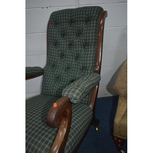 1351 - A LATE VICTORIAN ARMCHAIR, with deep armrests, on carved front legs, and ceramic casters, width 75cm... 