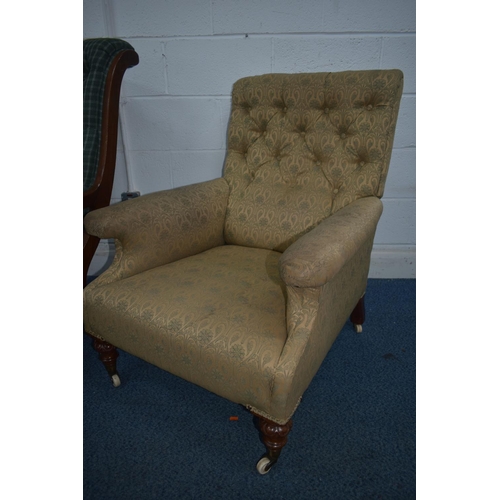 1351 - A LATE VICTORIAN ARMCHAIR, with deep armrests, on carved front legs, and ceramic casters, width 75cm... 