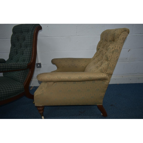 1351 - A LATE VICTORIAN ARMCHAIR, with deep armrests, on carved front legs, and ceramic casters, width 75cm... 