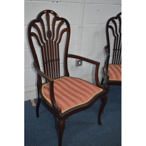 1353 - A PAIR OF EDWARDIAN MAHOGANY ARMCHAIRS, with a shaped square spindle back and open armrests, along w... 