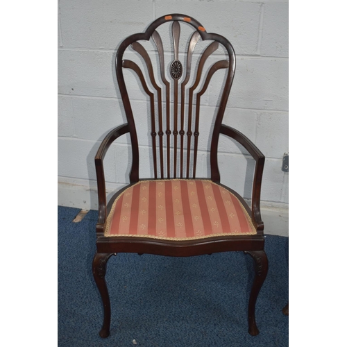 1353 - A PAIR OF EDWARDIAN MAHOGANY ARMCHAIRS, with a shaped square spindle back and open armrests, along w... 