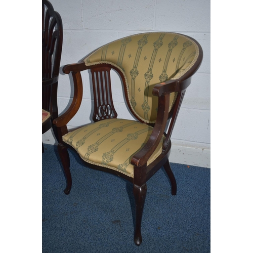 1353 - A PAIR OF EDWARDIAN MAHOGANY ARMCHAIRS, with a shaped square spindle back and open armrests, along w... 