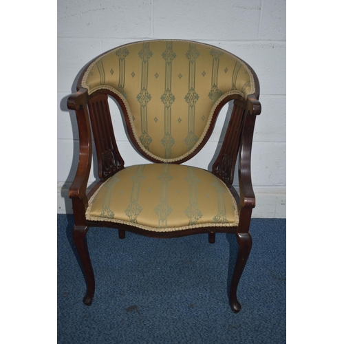 1353 - A PAIR OF EDWARDIAN MAHOGANY ARMCHAIRS, with a shaped square spindle back and open armrests, along w... 