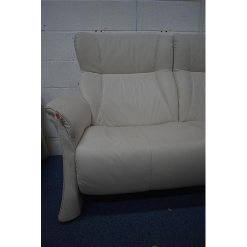 1354 - AN HIMOLLA CREAM LEATHER THREE PIECE SUITE, comprising a two seater settee, length 166cm x depth 84c... 