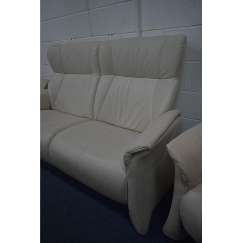 1354 - AN HIMOLLA CREAM LEATHER THREE PIECE SUITE, comprising a two seater settee, length 166cm x depth 84c... 