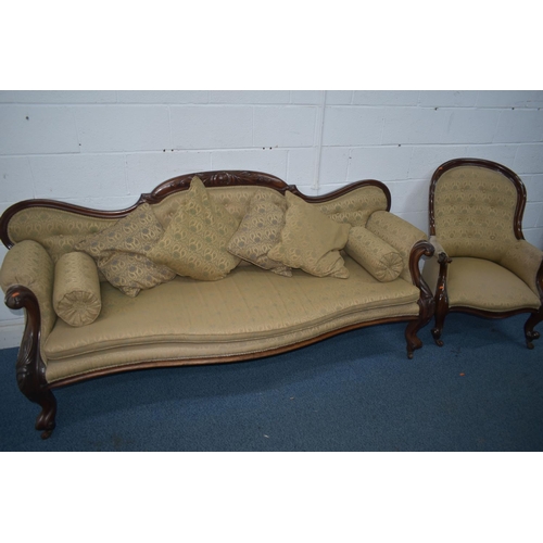 1355 - A VICTORIAN MAHOGANY SOFA, with a wavy top and shaped armrests, length 220xm x depth 70cm x height 9... 