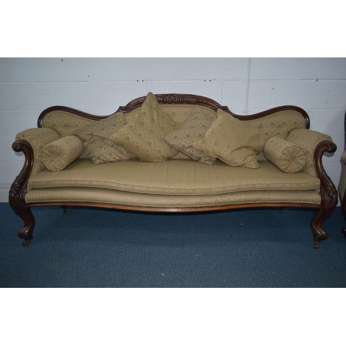 1355 - A VICTORIAN MAHOGANY SOFA, with a wavy top and shaped armrests, length 220xm x depth 70cm x height 9... 