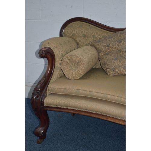 1355 - A VICTORIAN MAHOGANY SOFA, with a wavy top and shaped armrests, length 220xm x depth 70cm x height 9... 