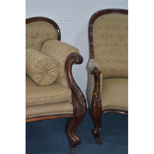 1355 - A VICTORIAN MAHOGANY SOFA, with a wavy top and shaped armrests, length 220xm x depth 70cm x height 9... 