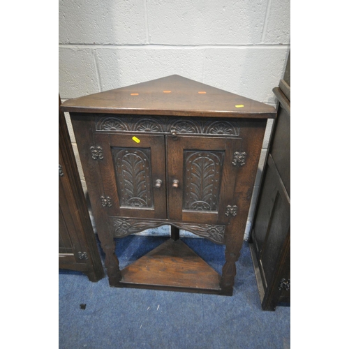 1199 - AN OAK LINENFOLD DRESSER, with two drawers, width 100cm x depth 47cm x height 187cm, an oak two door... 