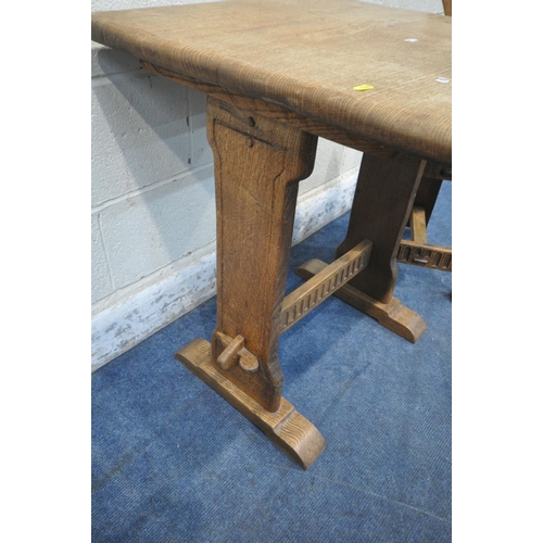 1200 - POSSIBLY RUPERT GRIFFITHS, A 20TH CENTURY OAK TRESTLE TABLE, of small proportions, 61cm squared x he... 