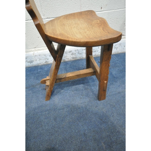 1200 - POSSIBLY RUPERT GRIFFITHS, A 20TH CENTURY OAK TRESTLE TABLE, of small proportions, 61cm squared x he... 